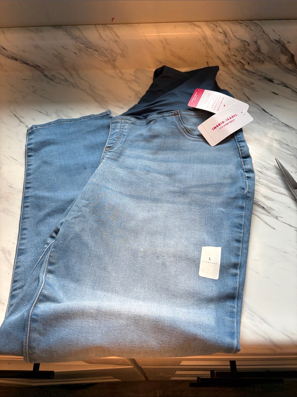 Ingrid & Isabel Light Blue Straight-Leg Maternity Jeans with Stretch Panel